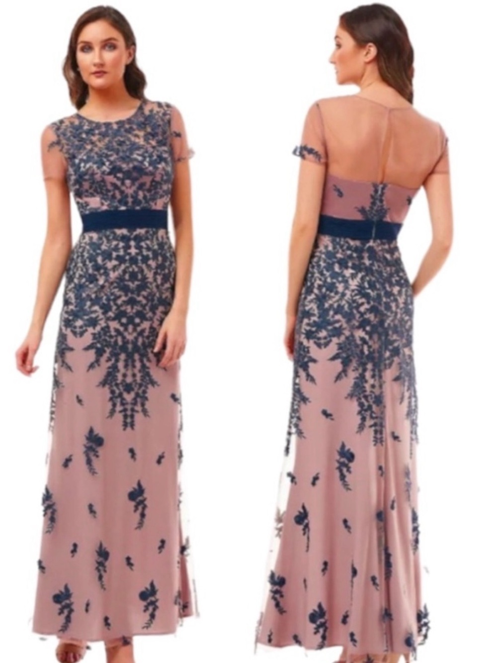 JS Collections Blush and Navy Embroidered Midi Dress